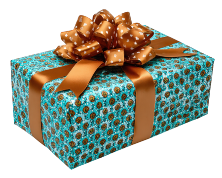 Joyful gift present box with blue polka dot wrapping and copper bow ribbon. celebratory package isolated for any happy surprise, feeling of love and anticipation