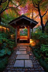 Obraz premium A peaceful wooden gazebo nestled within a tranquil autumn garden, illuminated by warm outdoor lighting, showcasing a pathway of large stones.