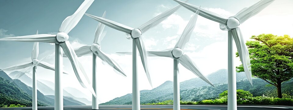 Wind turbines stand tall against a backdrop of mountains and greenery - Powered by Adobe