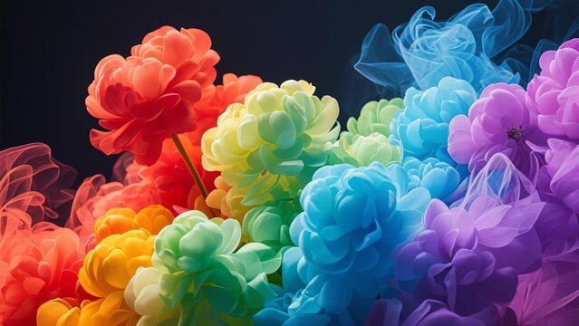 Photorealistic vibrant colored smoke clouds with red, orange, yellow, green, blue, purple hues, fluffy texture, slightly desaturated blue and purple sections