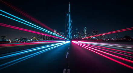 Long exposure shot of glowing neon cars crossing futuristic highway
