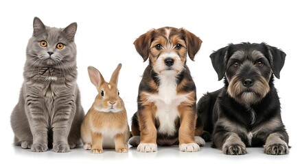 Adorable lineup of pets a cat a rabbit and two puppies posing together studio shot