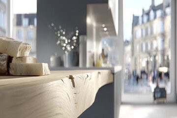 Light-colored wood countertop with bread slices, a modern kitchen interior with a city view