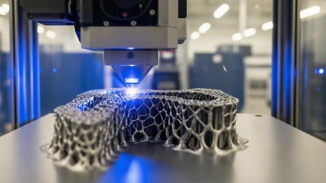 Modern 3D printer creating intricate metal lattice structure with blue laser, advanced additive manufacturing technology