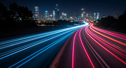 Fototapeta premium Long exposure shot of glowing neon cars crossing futuristic highway 