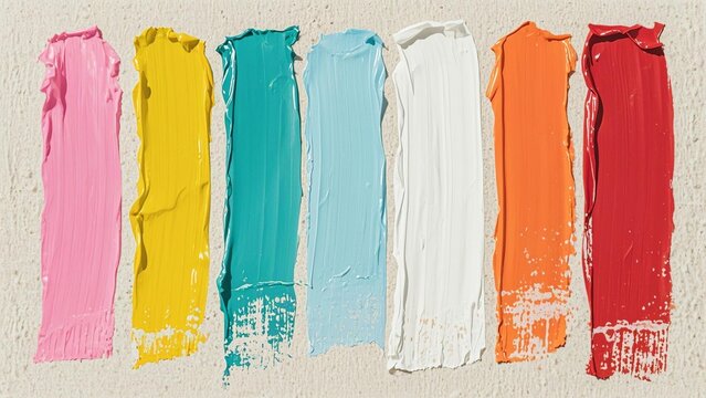 Vertical thick impasto paint stripes in pink, yellow, turquoise, light blue, white, orange, and red on textured canvas with varied strokes and subtle saturation