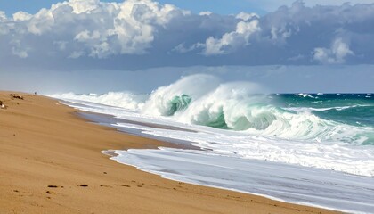 Powerful waves crash against a sandy beach, creating a dramatic coastal scene under a partly cloudy sky. A solitary figure walks along the shore, observing the powerful ocean display.