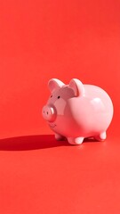 A charming, light pink piggy bank sits on a vibrant red surface, casting a subtle shadow.