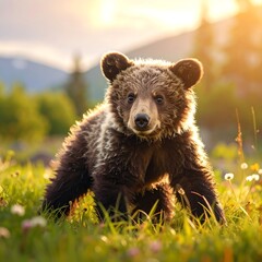 Fototapeta premium A charming young bear cub gazes directly at the camera, bathed in the warm glow of a golden sunset, amidst a field of wildflowers.