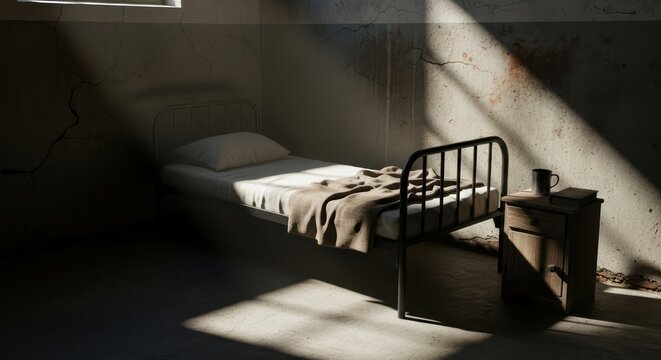 Sunlight streaming into an austere room illuminating a simple bed and nightstand evoking solitude