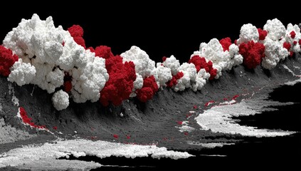 Abstract landscape of white and red clumps on dark gray terrain