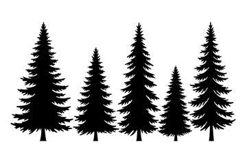 Obraz premium A collection of five black coniferous tree silhouettes isolated on transparent cutout background, cut out, png