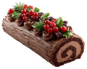 Festive Christmas Yule log cake, delicious traditional holiday dessert. Chocolate log decorated with red currant, holly, and rosemary on transparent background
