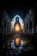 Abandoned church interior,  sunlight through stained glass, reflecting orbs