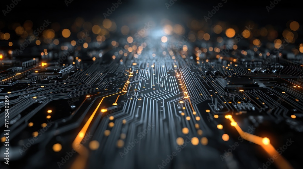 Aufkleber detailed close-up of a computer circuit board with glowing lines and blurred bokeh