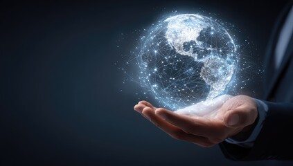 A glowing, interconnected digital globe hovers in a person's open palm against a dark background, representing global connectivity and technological advancement