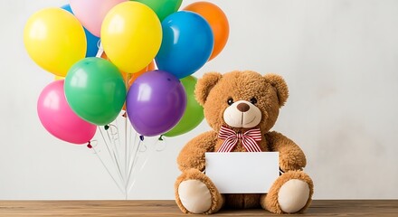 Adorable teddy bear holds blank sign surrounded by colorful balloons birthday celebration