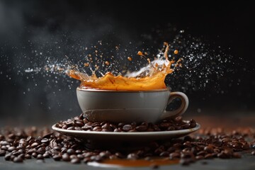 Energetic coffee splash from a cup on a saucer surrounded by roasted coffee beans.