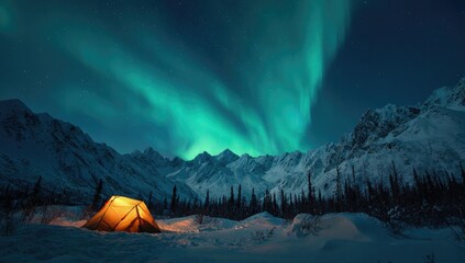 A glowing tent illuminates a snowy, mountainous landscape under a vibrant aurora borealis display.  Jagged peaks rise against a dark, star-studded sky