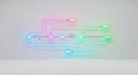 Illuminated flowchart diagram illustrating complex data processing with gradient color transitions