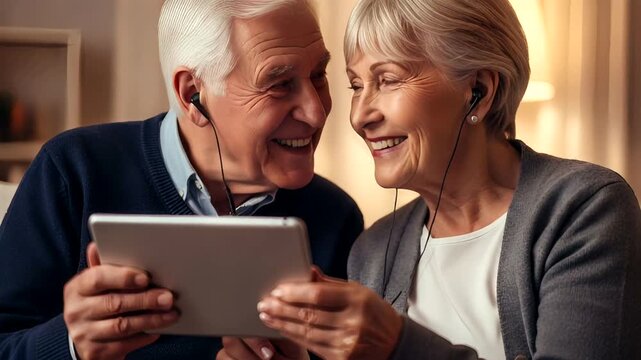 Elderly couple enjoys video call on tablet, staying connected with technology