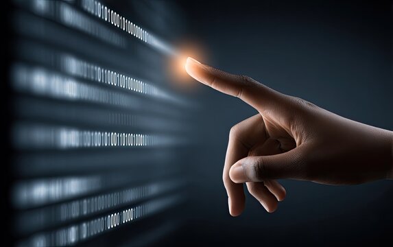 A hand interacts with digital binary code