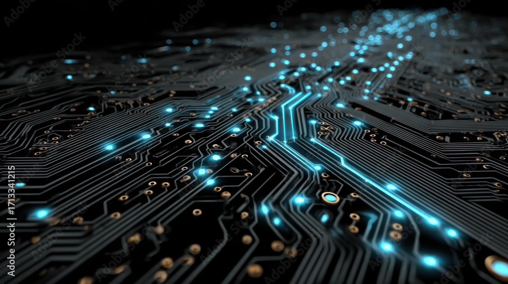 Poster abstract image of a circuit board with glowing lights and electronic components