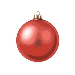 Shiny red Christmas ball ornament illustration. Festive holiday decoration isolated on a white background. Vector graphic of a classic bauble.