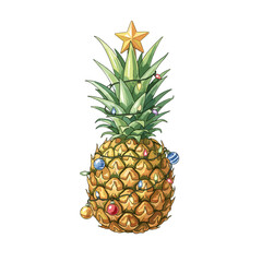 Fototapeta premium A festive pineapple decorated like a Christmas tree with a star, string lights, and ornaments. A whimsical holiday illustration for a tropical Christmas concept.