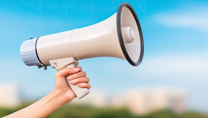 Hand holding a megaphone against a partly cloudy sky