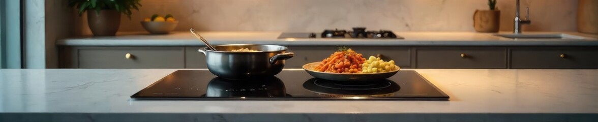 A modern induction cooker sits on a sleek countertop, ready to prepare a meal Stainless steel gleams under soft kitchen lighting Clean, minimalist design , control panel, domestic