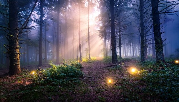 Mystical Forest Scene Illuminated By Magical Glowing Lights And Mist