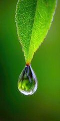 Fototapeta premium A vibrant green leaf holds a glistening water droplet, showcasing intricate leaf veins and a reflective surface.