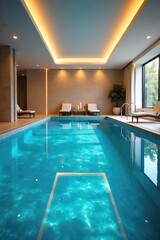Sparkling Indoor Pool Inviting Aquatic Relaxation, Pristine Clean Water Reflecting Lights, Ready for a Refreshing Swim.  Gleaming Tiles Create a Serene Atmosphere.