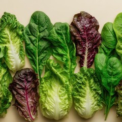 Fresh Green and Red Lettuce, Spinach Leaves on Beige Background