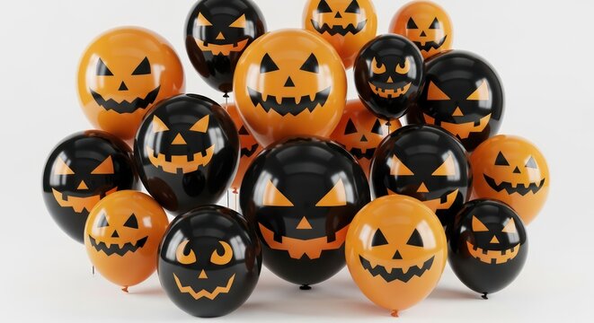 Festive halloween jack-o'-lantern balloons floating on a white background creating a spooky