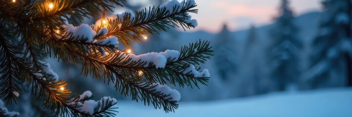 Serene Twilight Pine Tree Snow-Dusted Branches Glowing in Winters Warm Light - Perfect for Holiday and Winter Projects