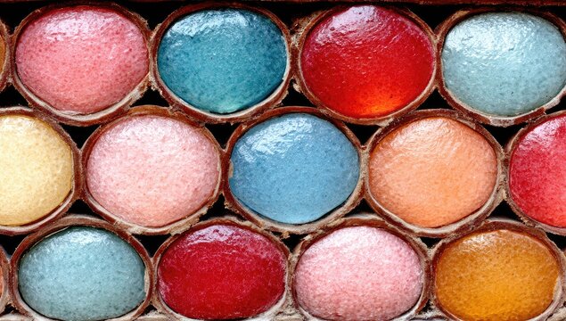 Colorful round stained glass tiles in a grid pattern