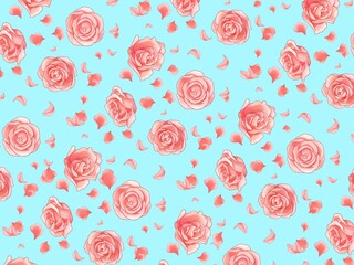 Floral illustration of pink roses and petals on pastel blue background