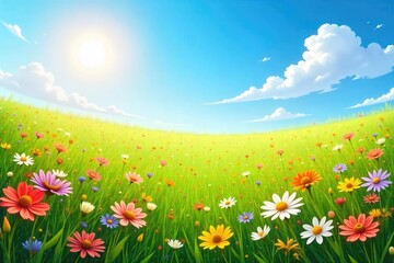 Serene Sunlit Wildflower Meadow Gentle Breeze, Peaceful Landscape, Joyful Blooms, Wellbeing, Happiness