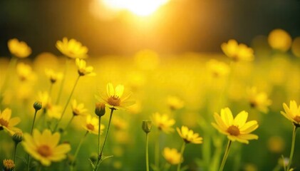 Fototapeta premium A sunlit field of bright yellow wildflowers, bathed in golden light, evokes a sense of sacred peace and tranquility The vibrant color symbolizes purity and divine energy , peace, bright, sacred