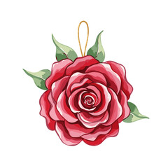Watercolor red rose ornament with green leaves. Hanging floral decoration isolated on a white background. Festive holiday illustration.