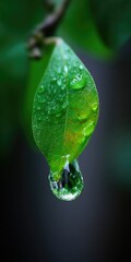 Fototapeta premium A close-up of a vibrant green leaf, glistening with water droplets, showcasing a single, teardrop-shaped dewdrop hanging delicately from the leaf's edge.