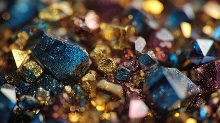 Close-up of a cluster of lustrous, multifaceted crystals in deep blues, golds, and purples, exhibiting varying textures and sizes, illuminated with a shallow depth of 