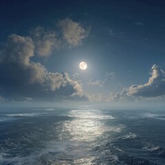 Full Moon Illuminating Vast Ocean with Shimmering Light Path Under Cloudy Night Sky