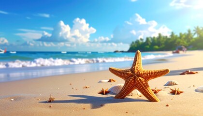 A golden starfish rests on a sandy beach, bathed in sunlight, with a serene coastal scene in the background.