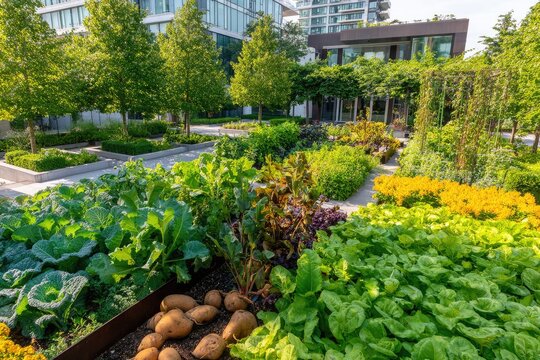 Urban garden beds, various leafy greens and vegetables