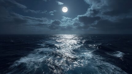 Full Moon Over Dark Ocean with Dramatic Clouds and Sparkling Water