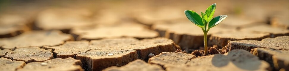 Close-up of a parched, cracked earth, a single sprout pushing through, symbolizing the tenacious emergence of life from barrenness, the struggle for survival , cracked earth, hunger