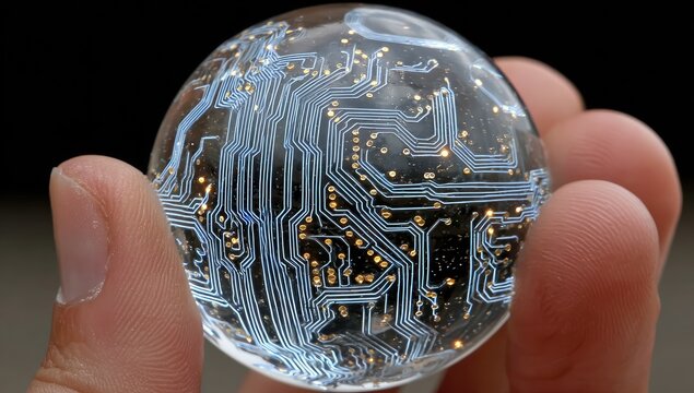 A hand gently cradles a clear glass sphere containing an intricate, glowing blue circuit board pattern, suggesting technological interconnectedness or global networks